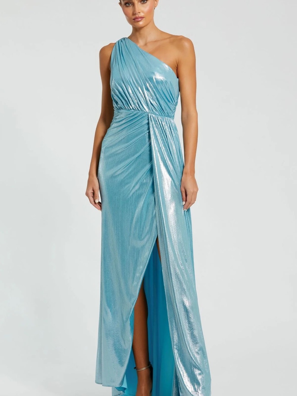 Mac Duggal One-Shoulder Shimmering Aqua Gown